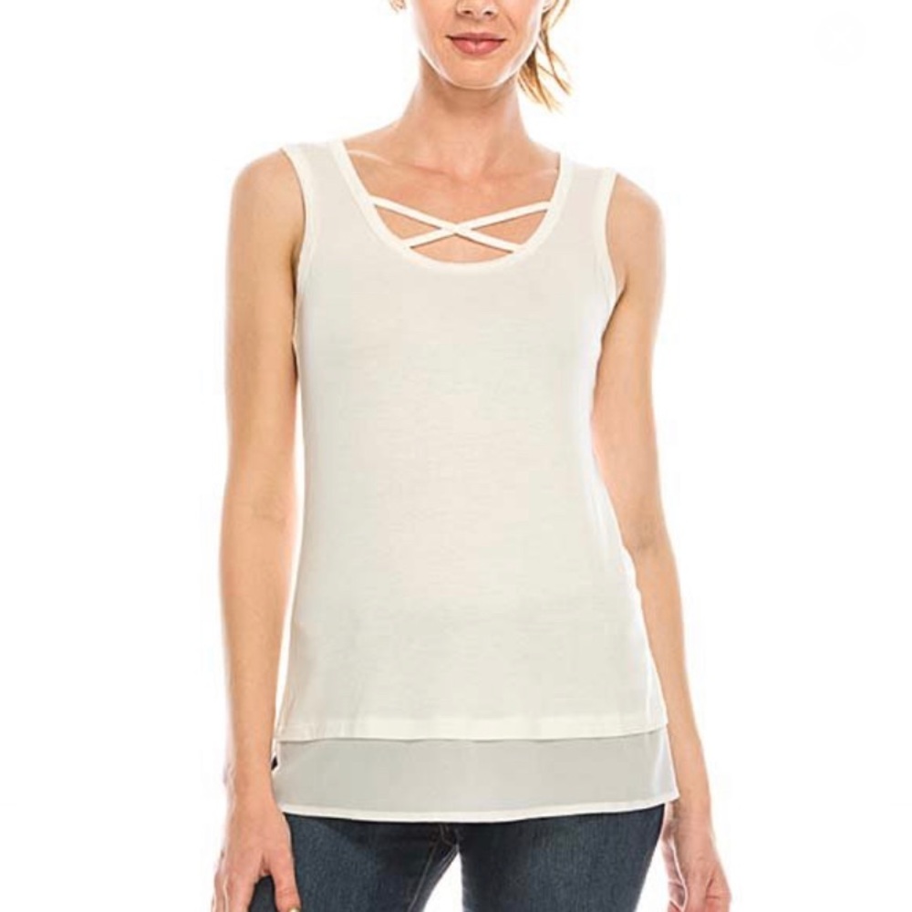 White Crisscross-Neckline Split-Hem Tank, S
